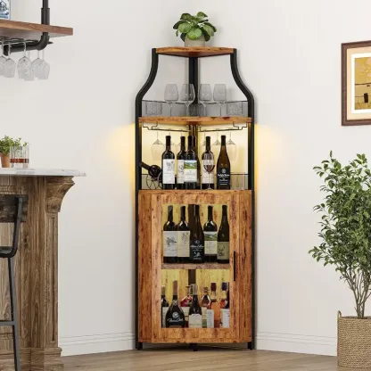 Mueble esquinero para vinos con estante extraíble y puerta estilo granero de 5 niveles