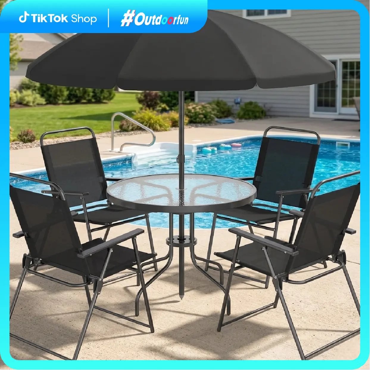 Juego de comedor para patio de 6 piezas para 4 personas con sombrilla, mesa y sillas de exterior (incluye 4 sillas plegables y mesa redonda de vidrio) para jardín, patio trasero y zona de piscina.