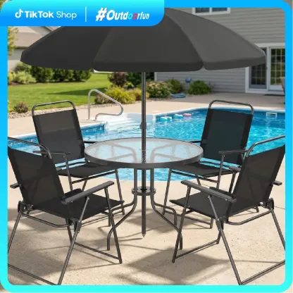 Juego de comedor para patio de 6 piezas para 4 personas con sombrilla, mesa y sillas de exterior (incluye 4 sillas plegables y mesa redonda de vidrio) para jardín, patio trasero y zona de piscina.