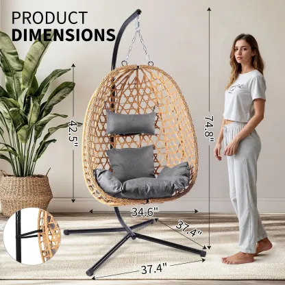 Silla Colgante Tipo Huevo de Ratán para Interior y Exterior, Soporta hasta 350 lb, con Cojín Cómodo para Patio, Jardín y Balcón