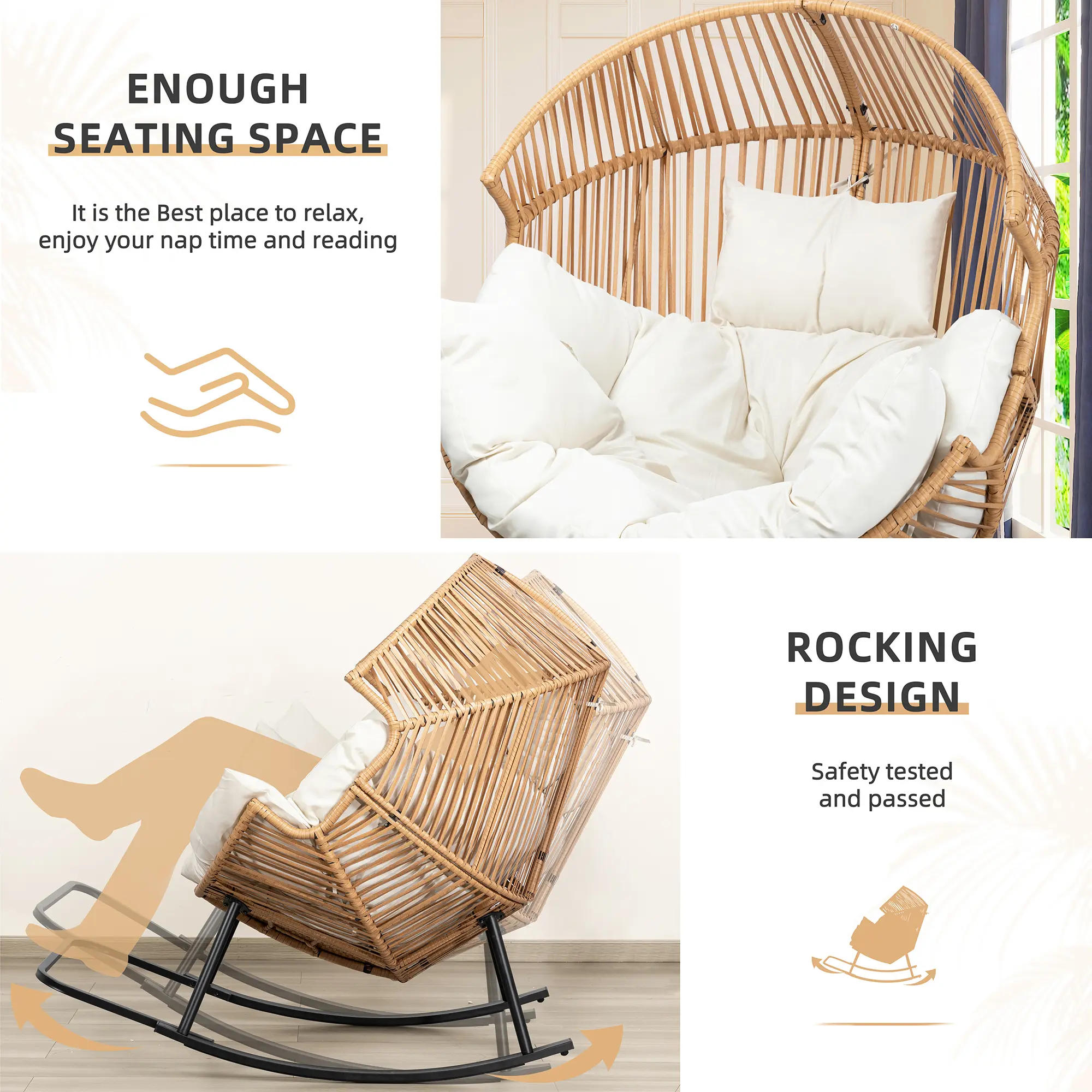Sillón mecedora de mimbre para interiores y exteriores; silla tipo huevo de gran tamaño con cojín y capacidad de carga de 450 libras; ideal para dormitorio, balcón o jardín.