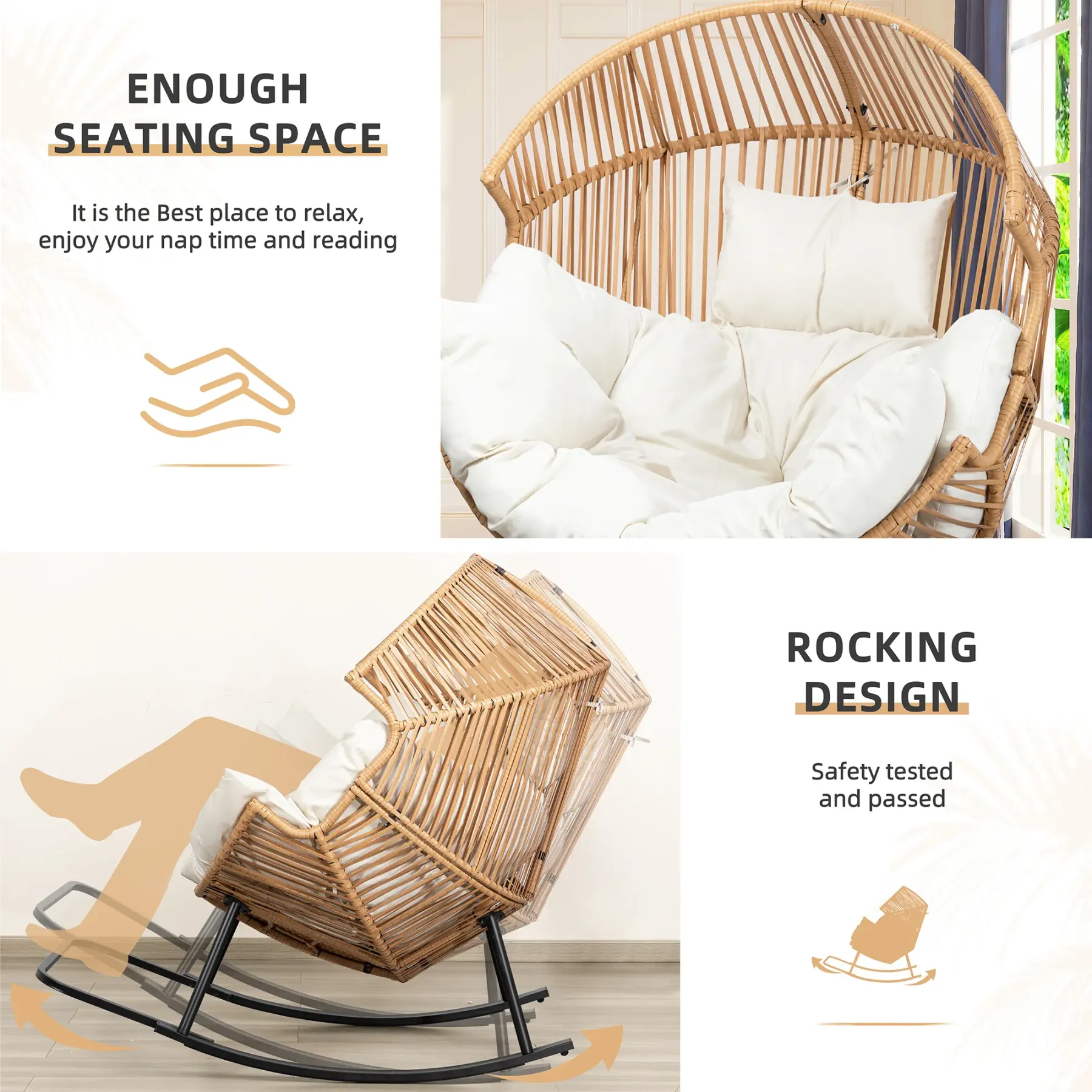 Sillón mecedora de mimbre para interiores y exteriores; silla tipo huevo de gran tamaño con cojín y capacidad de carga de 450 libras; ideal para dormitorio, balcón o jardín.