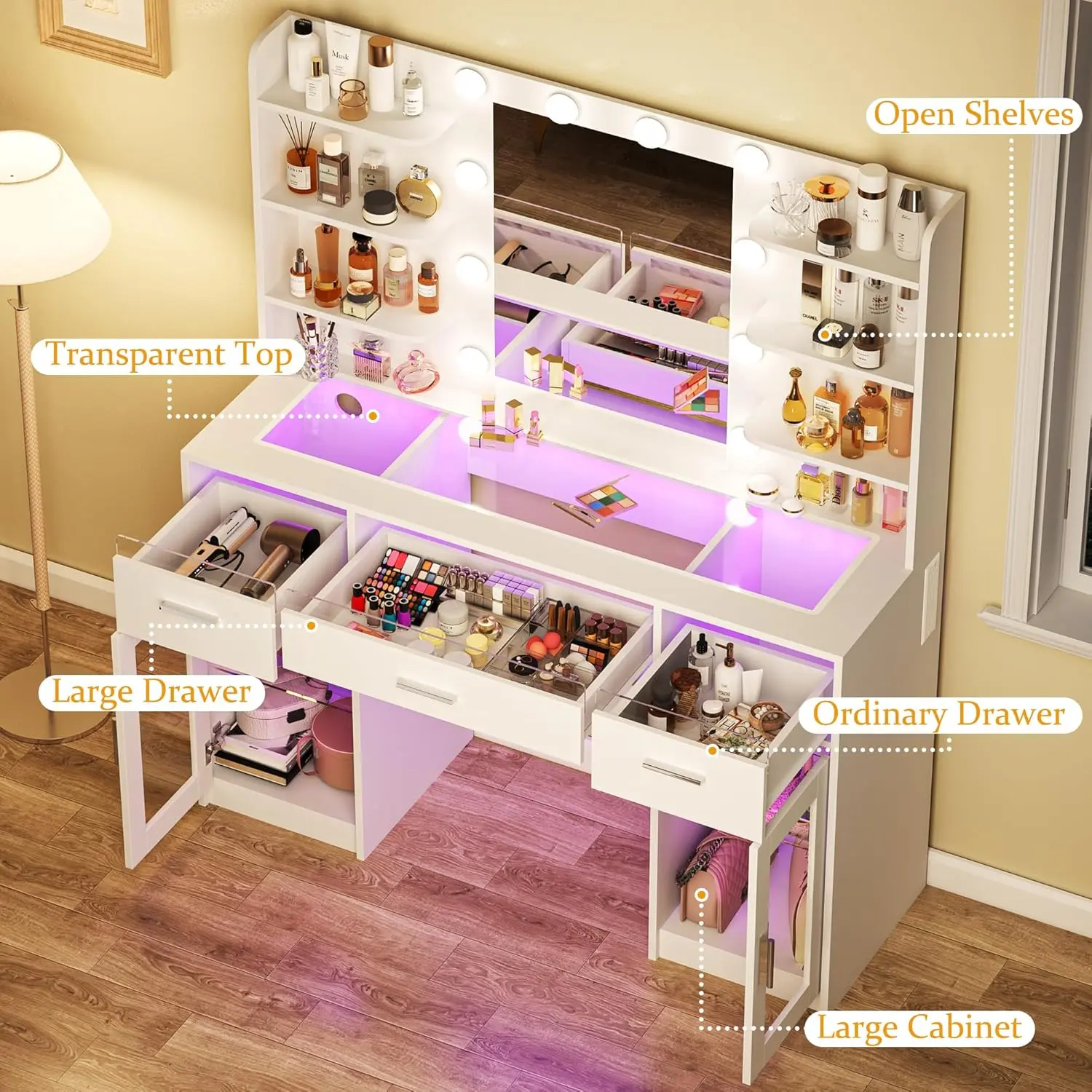 Tocador de maquillaje con espejo y luces de 3 colores, superficie transparente con 3 cajones RGB, 6 estantes, 2 armarios grandes de vidrio templado y toma de corriente; ideal para el dormitorio.