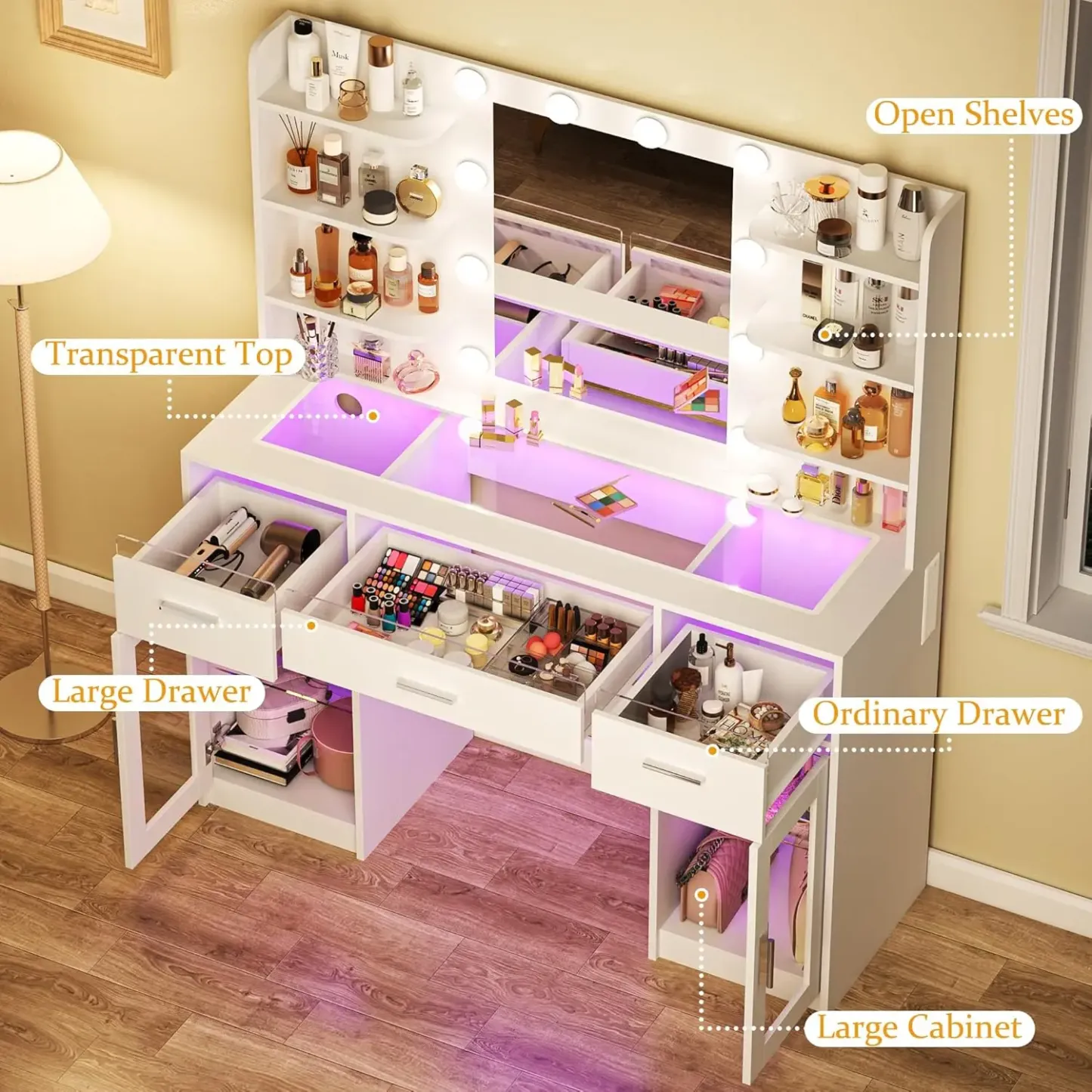 Tocador de maquillaje con espejo y luces de 3 colores, superficie transparente con 3 cajones RGB, 6 estantes, 2 armarios grandes de vidrio templado y toma de corriente; ideal para el dormitorio.