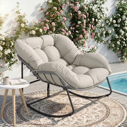 Silla Mecedora Tipo Huevo Extra Grande con Respaldo Ajustable, Cojín Grueso, Soporta hasta 450 lb, Ideal para Patio, Balcón, Jardín y Sala de Estar