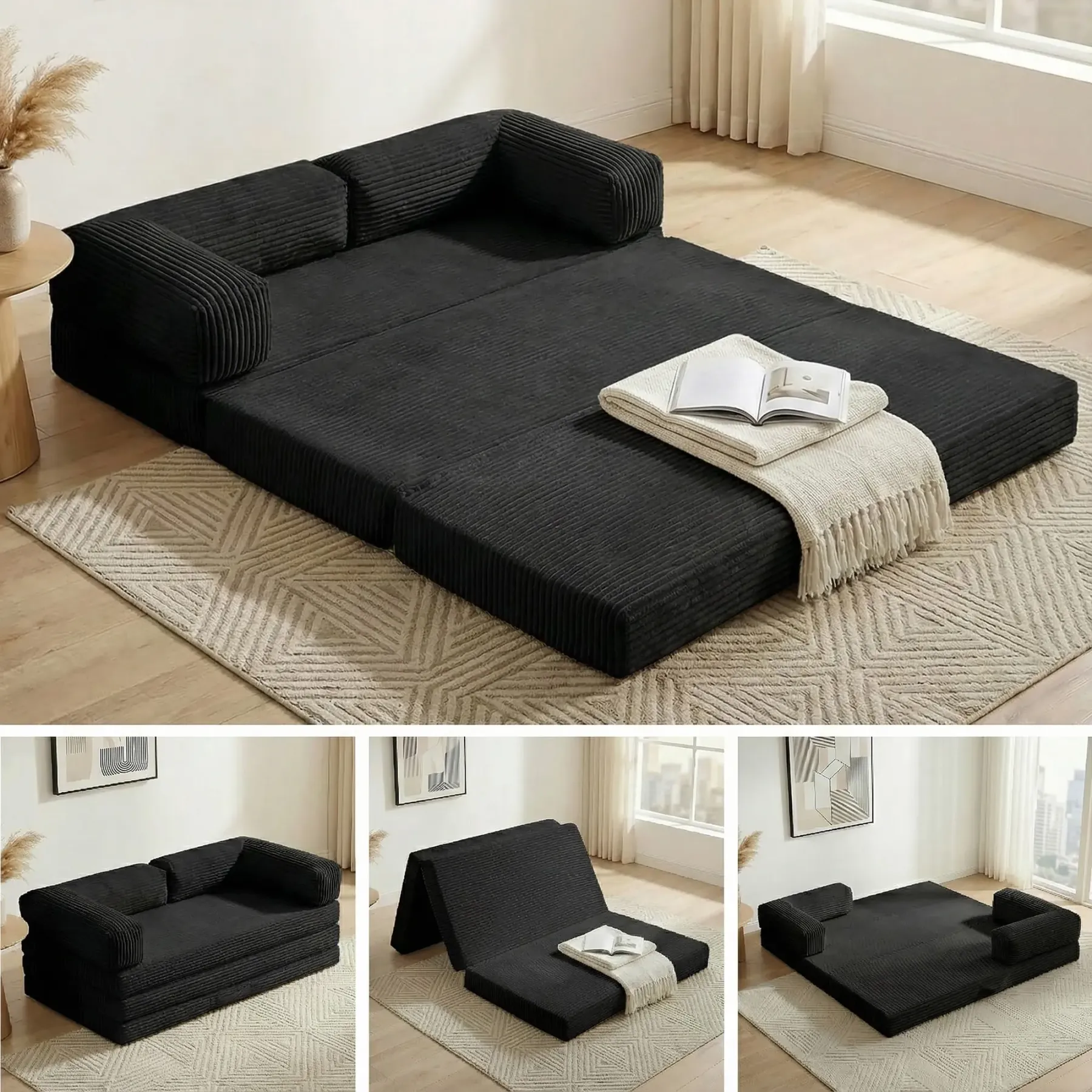 Sofá cama plegable convertible 5 en 1 (tamaño Queen) con colchón de tres pliegues y reposabrazos; sofá futón de suelo sin estructura para sala de estar, dormitorio o apartamento.