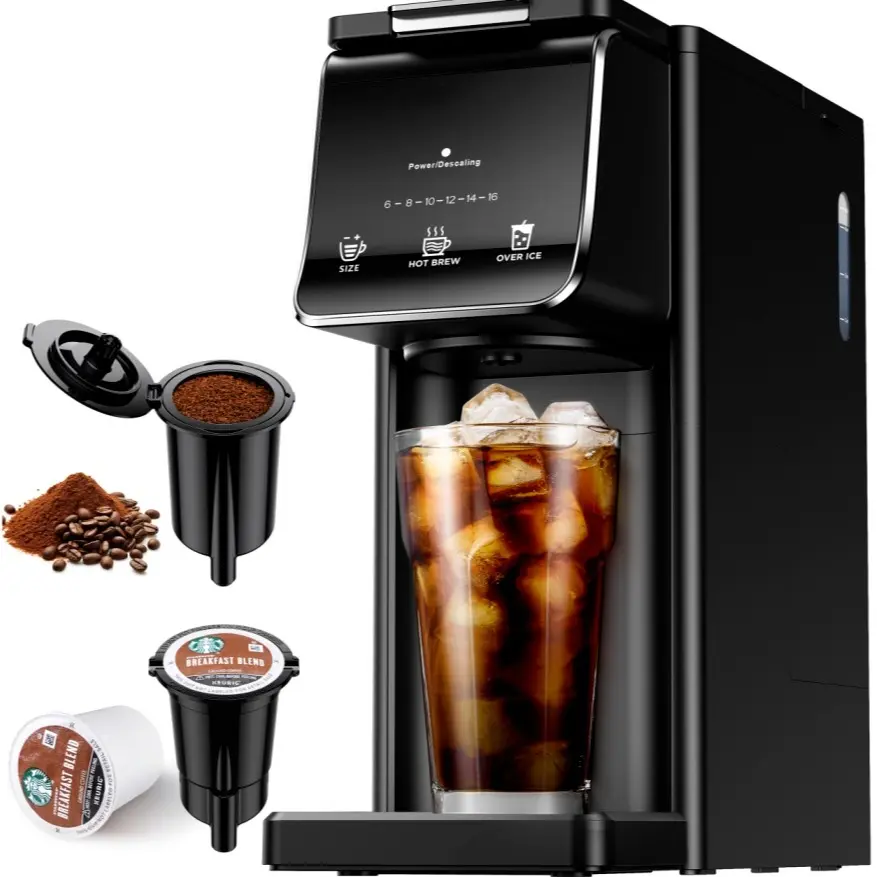 Cafetera Individual para Café Caliente y Frío, Compatible con K-Cup y Café Molido, Filtro Reutilizable, Café Intenso, Compacta y de Preparación Rápida, Negra