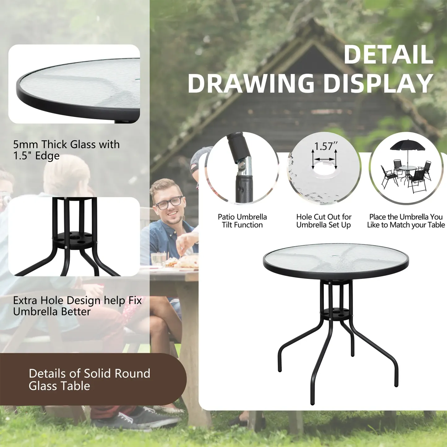 Juego de comedor para patio de 6 piezas para 4 personas con sombrilla, mesa y sillas de exterior (incluye 4 sillas plegables y mesa redonda de vidrio) para jardín, patio trasero y zona de piscina.