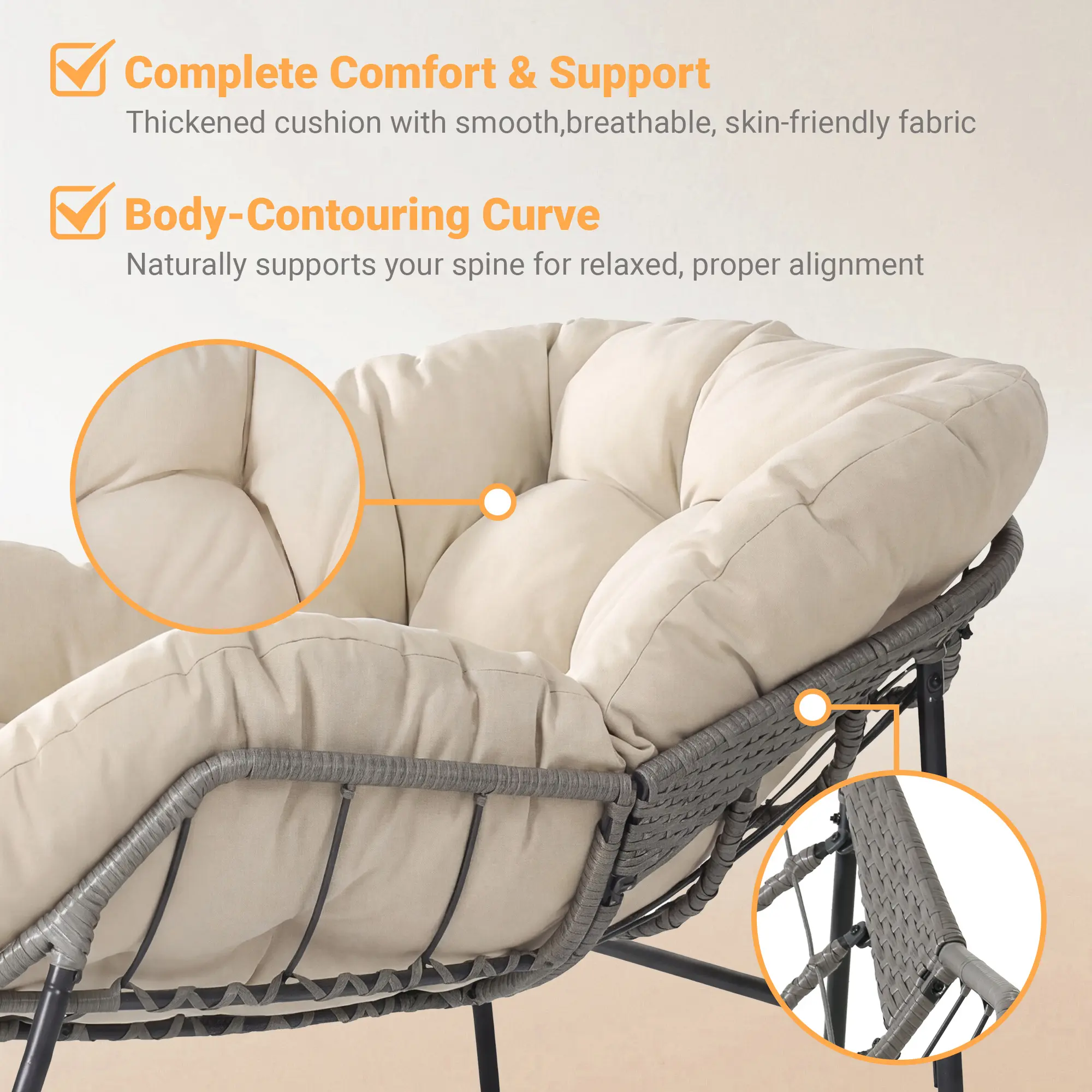 Silla Mecedora Tipo Huevo Extra Grande con Respaldo Ajustable, Cojín Grueso, Soporta hasta 450 lb, Ideal para Patio, Balcón, Jardín y Sala de Estar