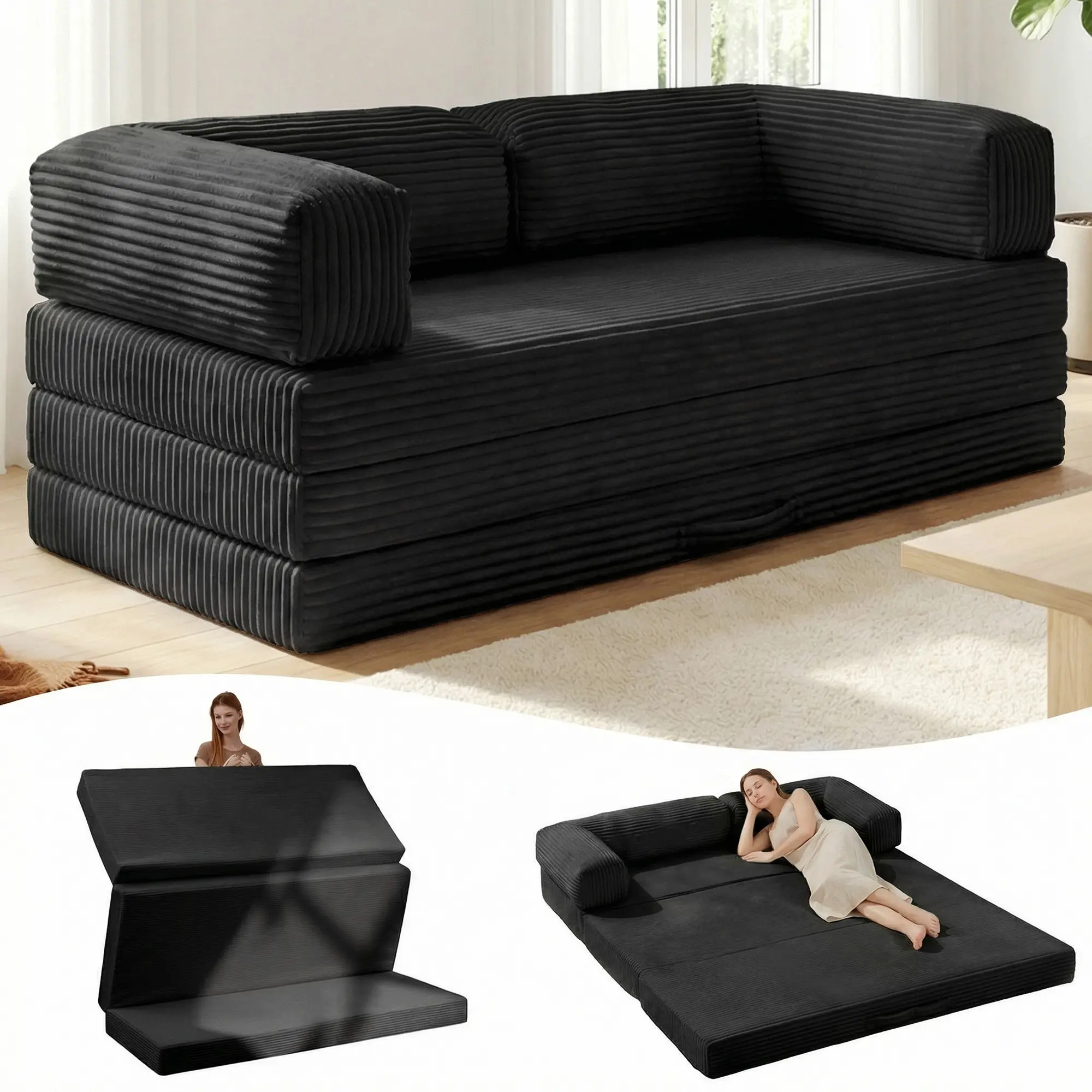 Sofá cama plegable convertible 5 en 1 (tamaño Queen) con colchón de tres pliegues y reposabrazos; sofá futón de suelo sin estructura para sala de estar, dormitorio o apartamento.