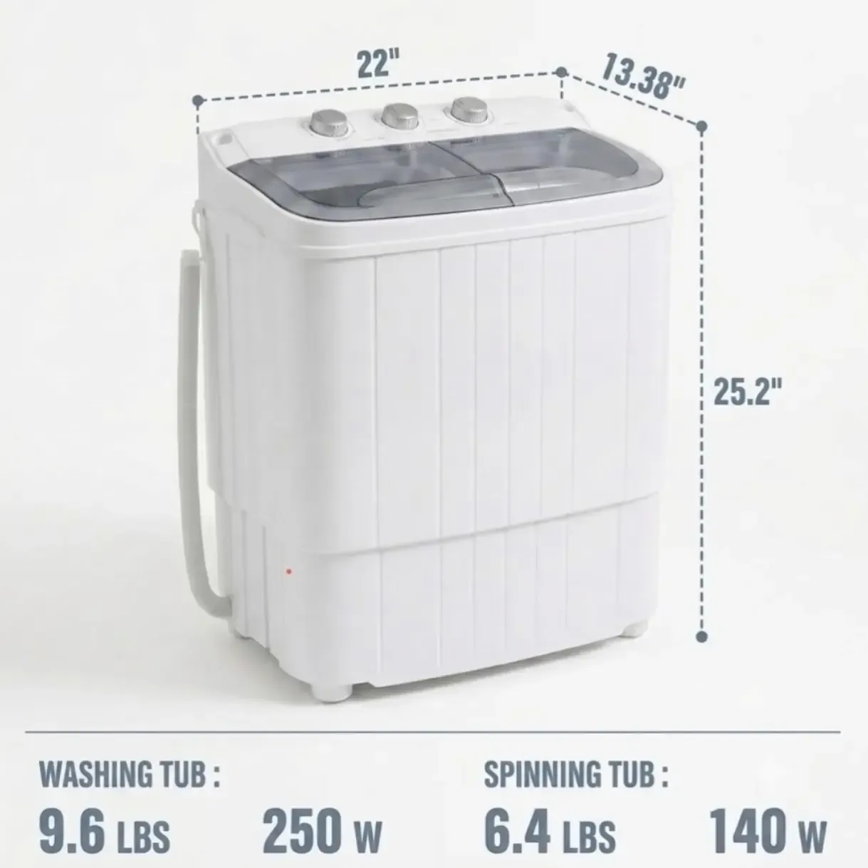 Lavadora Portátil Semiautomática de Doble Tina 16 lb, Lavado 9.6 lb y Centrifugado 5.4 lb, con Manguera Larga, para Apartamentos y Dormitorios, Azul