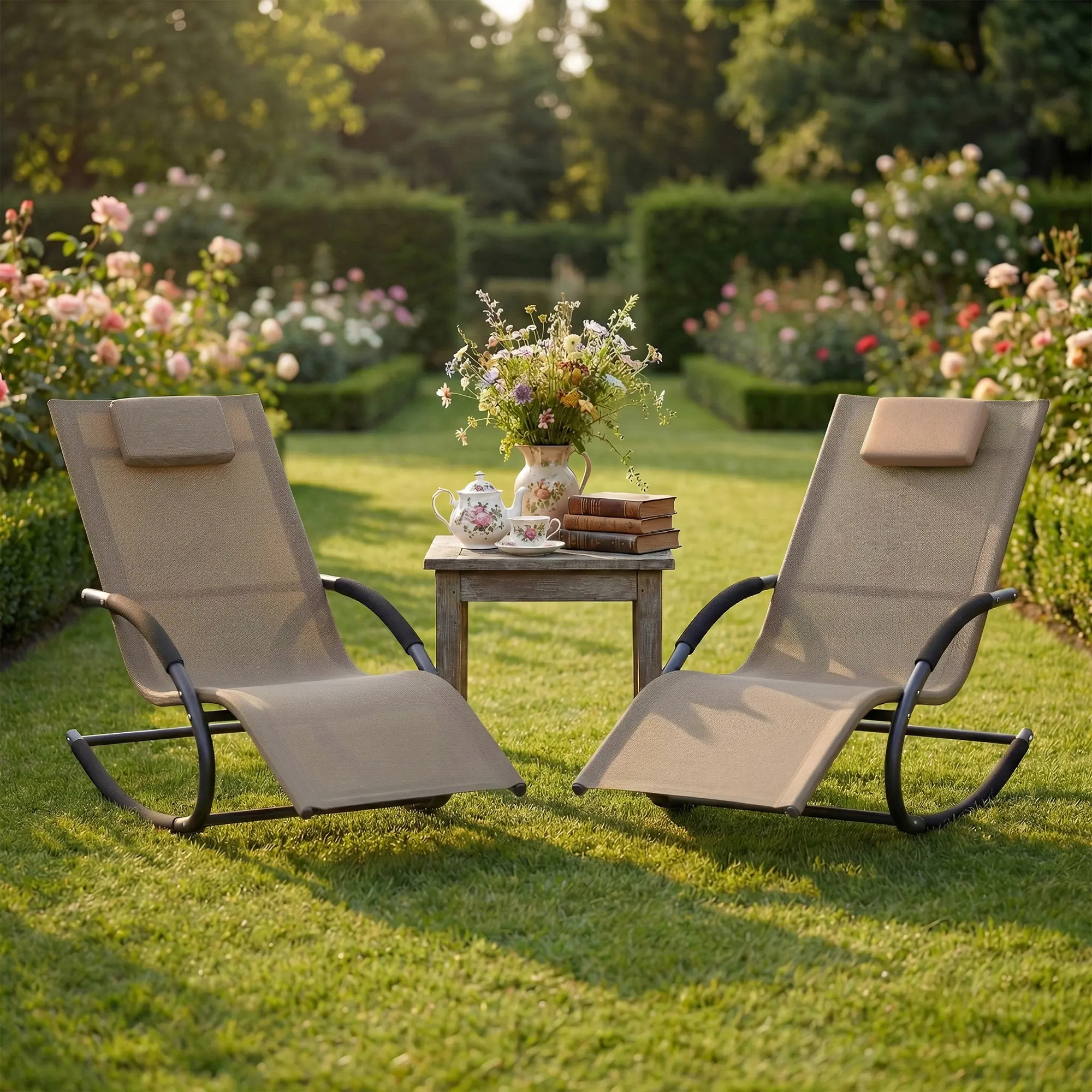 Oferta Flash para el Hogar – Silla Reclinable de Exterior Ajustable con Malla Transpirable, Estructura de Acero Resistente para Todo Clima, Reposabrazos de NBR y Almohada, Soporta hasta 300 lb, Ideal para Jardín, Patio y Terraza, Marrón/Gris