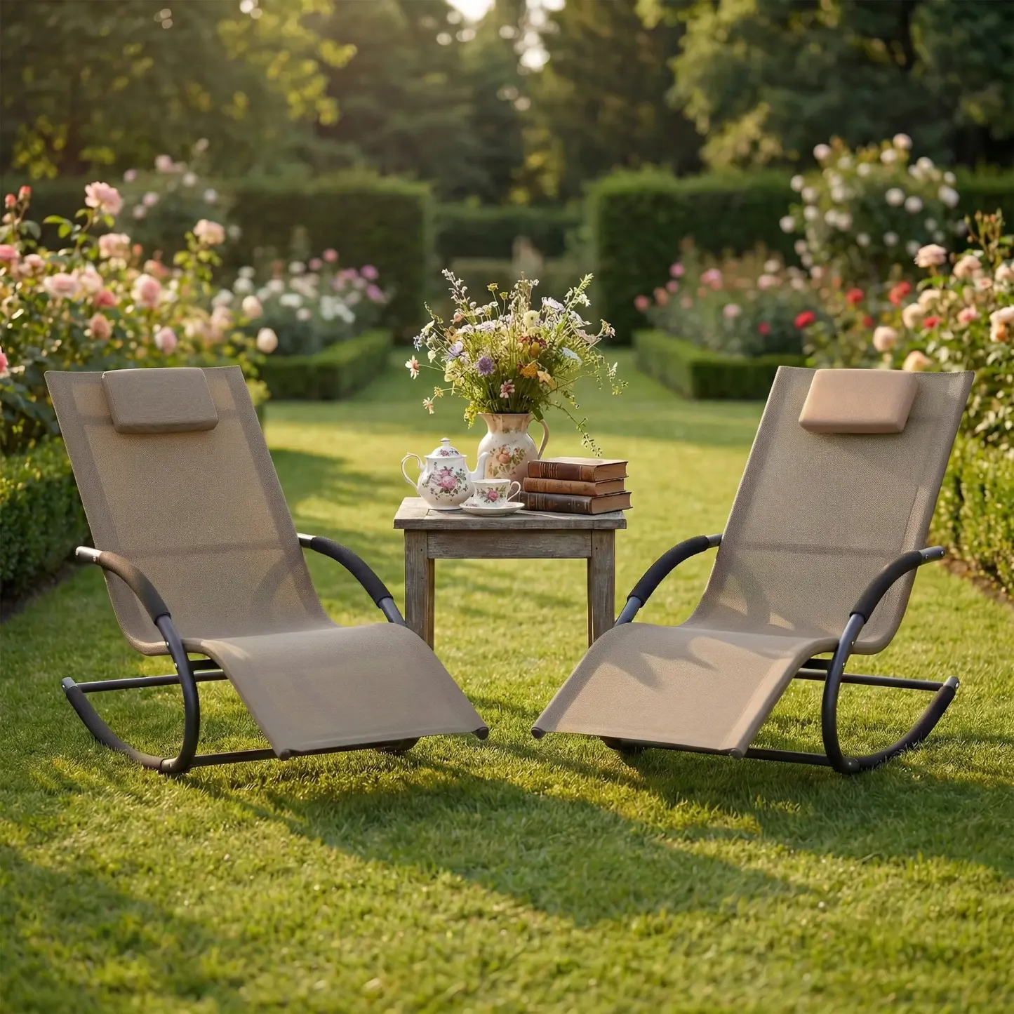 Oferta Flash para el Hogar – Silla Reclinable de Exterior Ajustable con Malla Transpirable, Estructura de Acero Resistente para Todo Clima, Reposabrazos de NBR y Almohada, Soporta hasta 300 lb, Ideal para Jardín, Patio y Terraza, Marrón/Gris