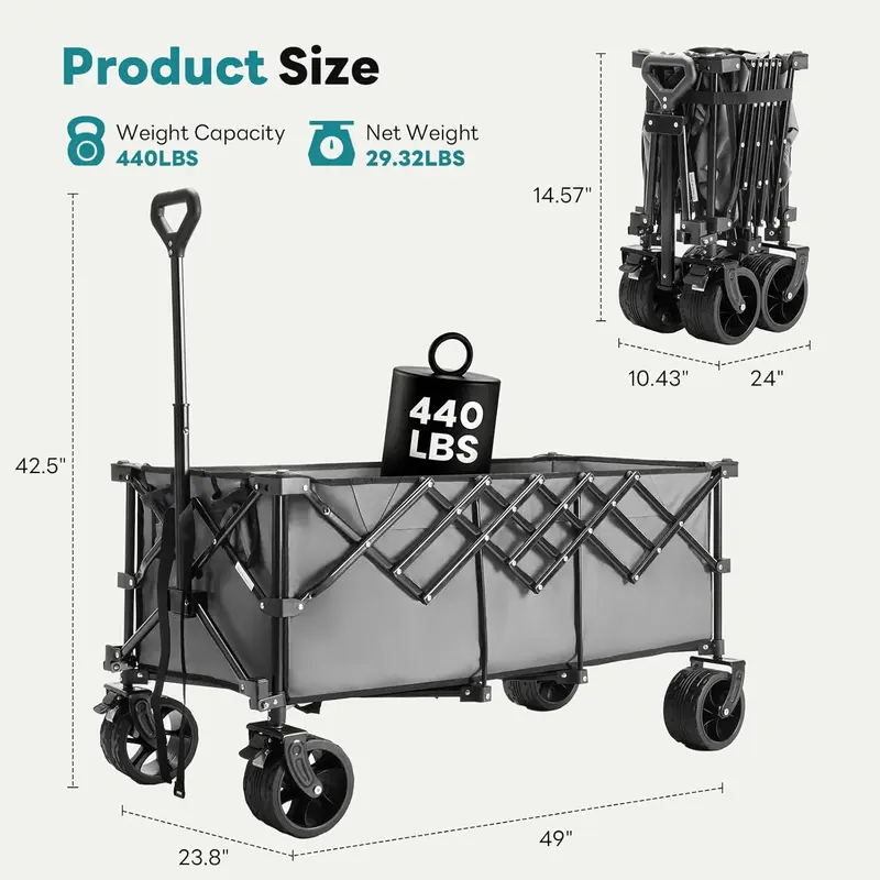 Carro de jardín de acero resistente: carrito multiusos plegable de 300 L, capacidad de 180 kg, ruedas de 7 pulgadas, ideal para acampada y jardinería; disponible en negro, azul y gris.