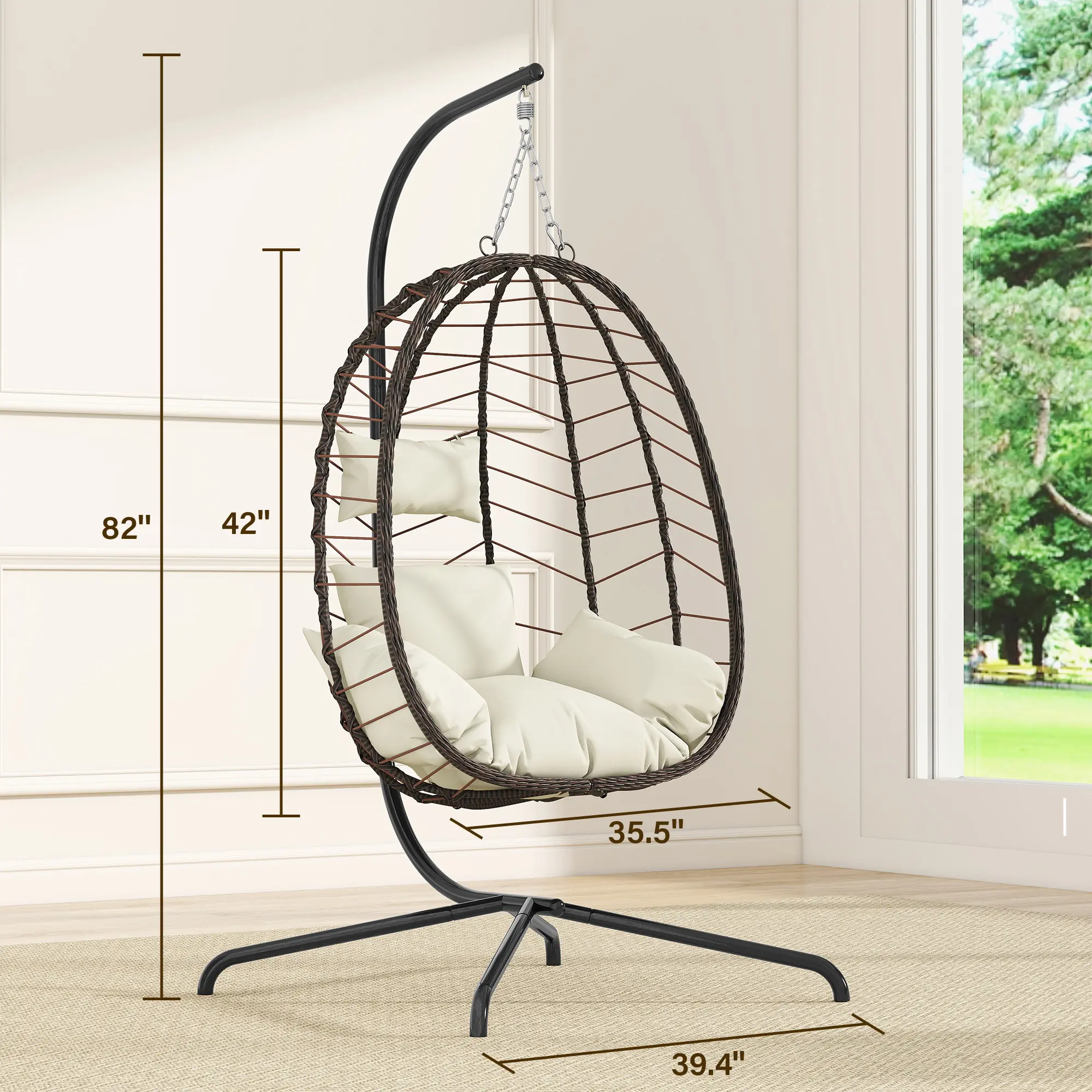 Sillón colgante tipo huevo con soporte – Columpio de ratán tejido a mano para patio con cojín, capacidad de 350 libras – Estilo elegante para interiores y exteriores (patio, jardín y zona de piscina)