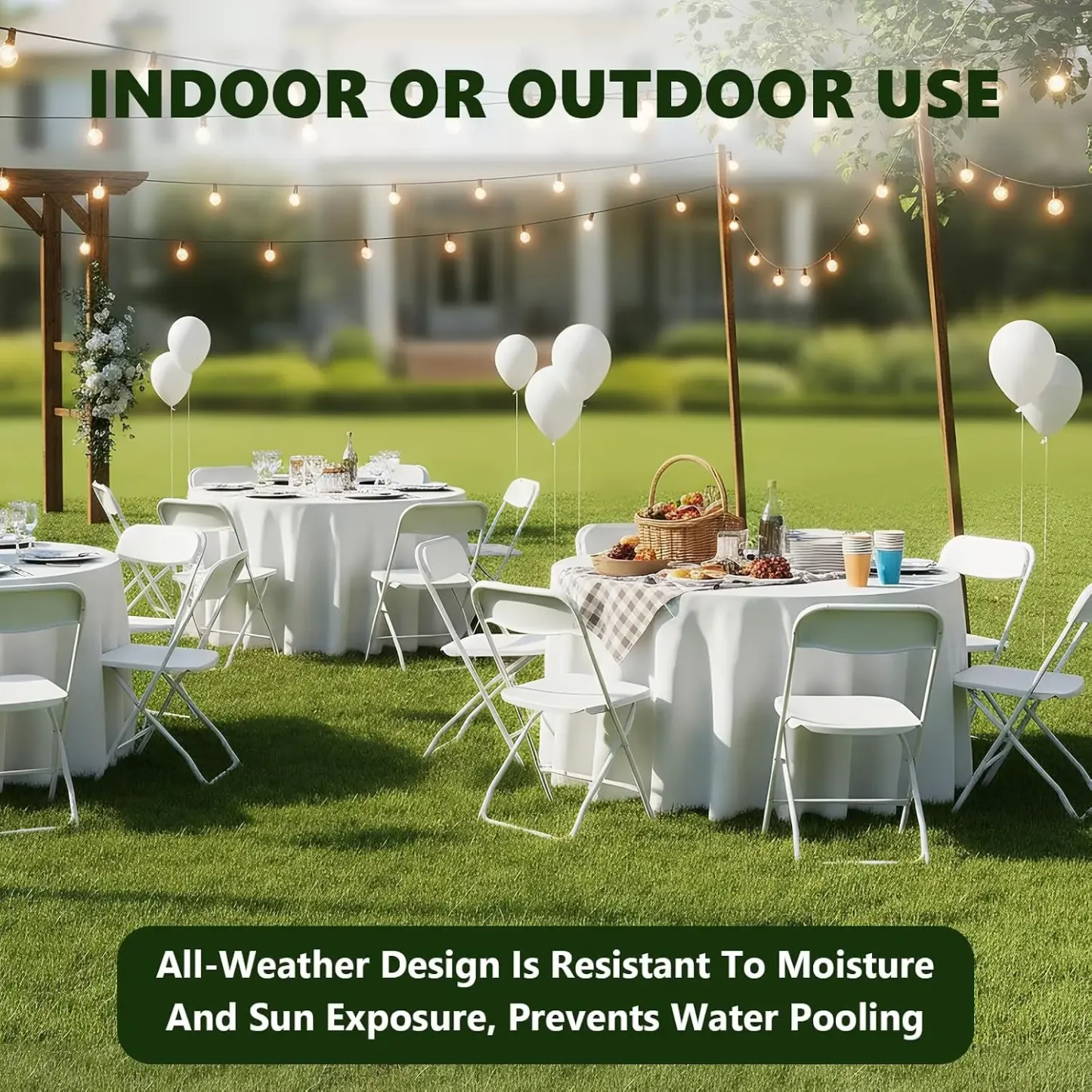 Sillas Plegables de Plástico Reforzado, Respaldo Ergonómico, Capacidad de 350 lb (159 kg), Apilables y Portátiles, Ideales para Interiores, Terrazas, Bodas, Fiestas, Reuniones, Patios y Jardines, Color Blanco.