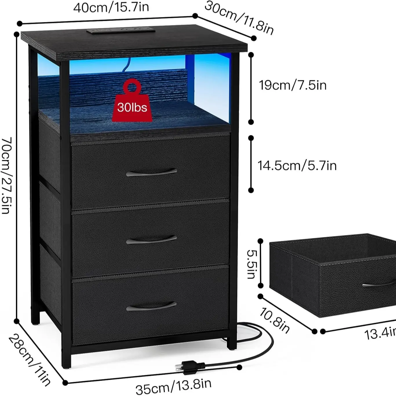 Mesita de Noche de 41" con Estación de Carga, Puertos USB y Enchufe, 3 Cajones de Tela, Diseño Multifuncional 3 en 1, Color Negro