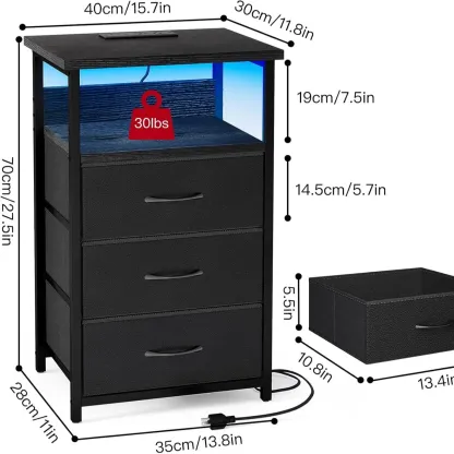 Mesita de Noche de 41" con Estación de Carga, Puertos USB y Enchufe, 3 Cajones de Tela, Diseño Multifuncional 3 en 1, Color Negro
