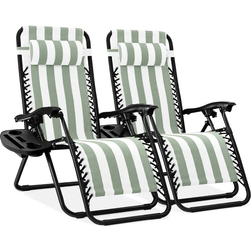 Set de 2 Sillas de Gravedad Cero Plegables con Bandeja Portavasos, Reclinables para Patio, Jardín y Piscina