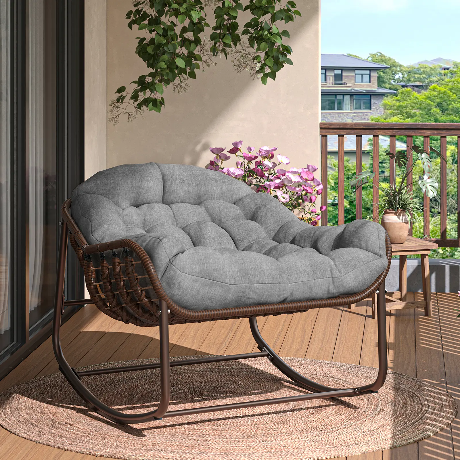 Silla Mecedora Tipo Huevo Papasan XL para Exterior, de Ratán Sintético, con Cojín Grueso Impermeable, Estructura Metálica Reforzada, Ideal para Balcón, Patio, Porche y Sala, Soporta hasta 450 lb