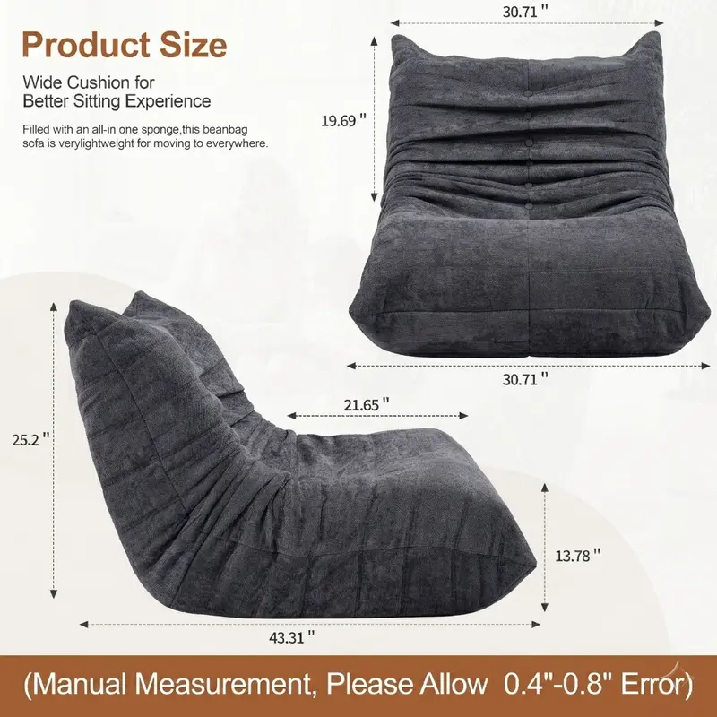 Sillón tipo puf para adultos, sofá puf extragrande relleno de espuma viscoelástica para el hogar o apartamento; sofá tipo «perezoso» con relleno y funda de piel sintética, ideal para niños y mascotas.