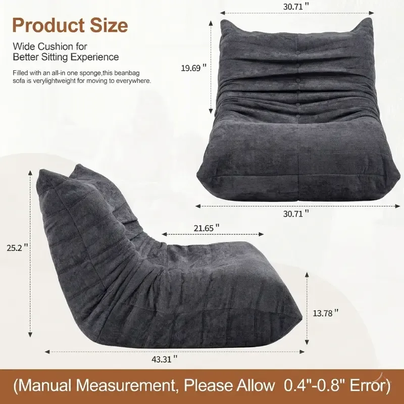 Sillón tipo puf para adultos, sofá puf extragrande relleno de espuma viscoelástica para el hogar o apartamento; sofá tipo «perezoso» con relleno y funda de piel sintética, ideal para niños y mascotas.