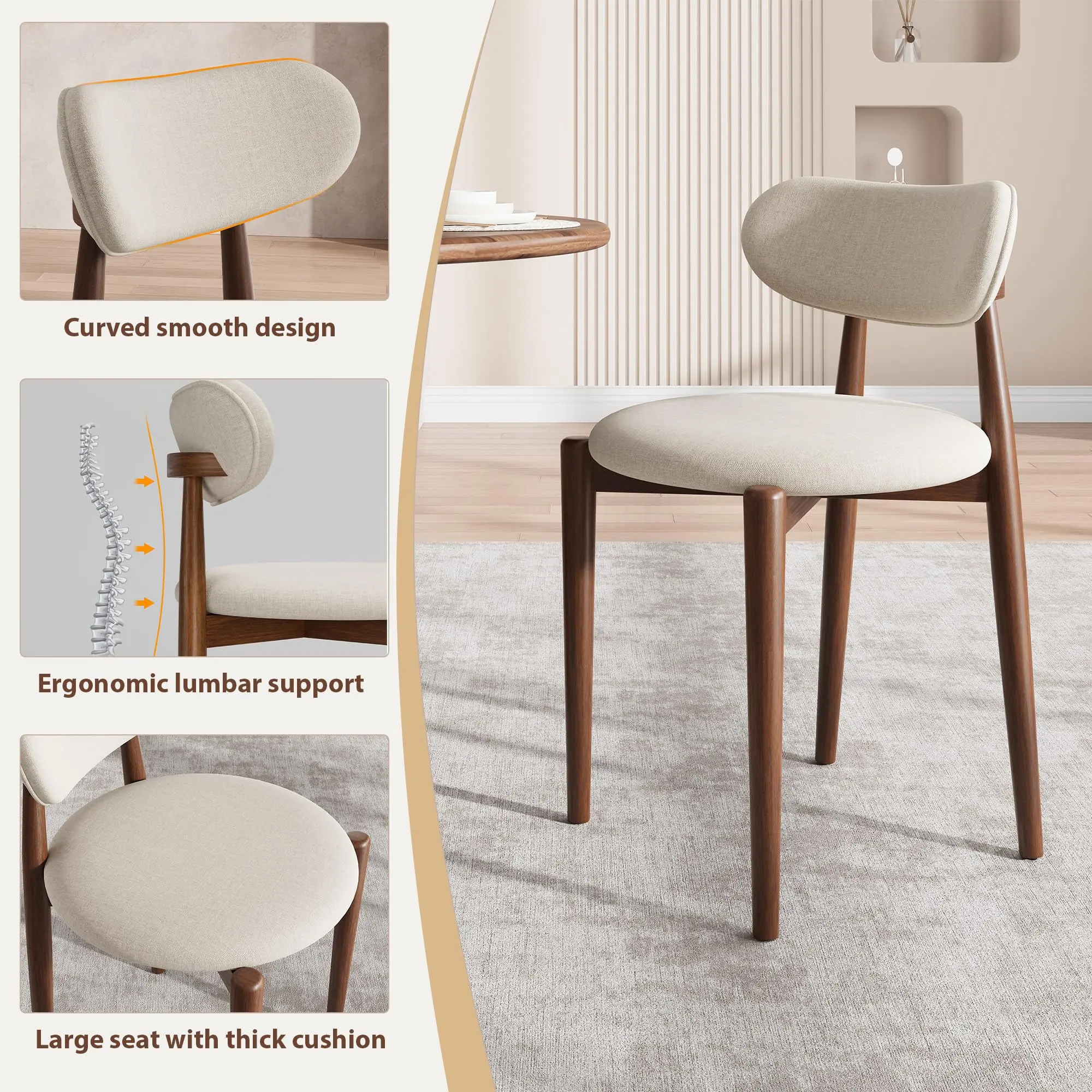 Juego de 2 sillas de comedor modernas de madera – Asientos tapizados en color blanco crema – Patas de madera resistentes – Estilo rústico (farmhouse) para comedor o tocador – Acabado clásico en blanco crema y nogal