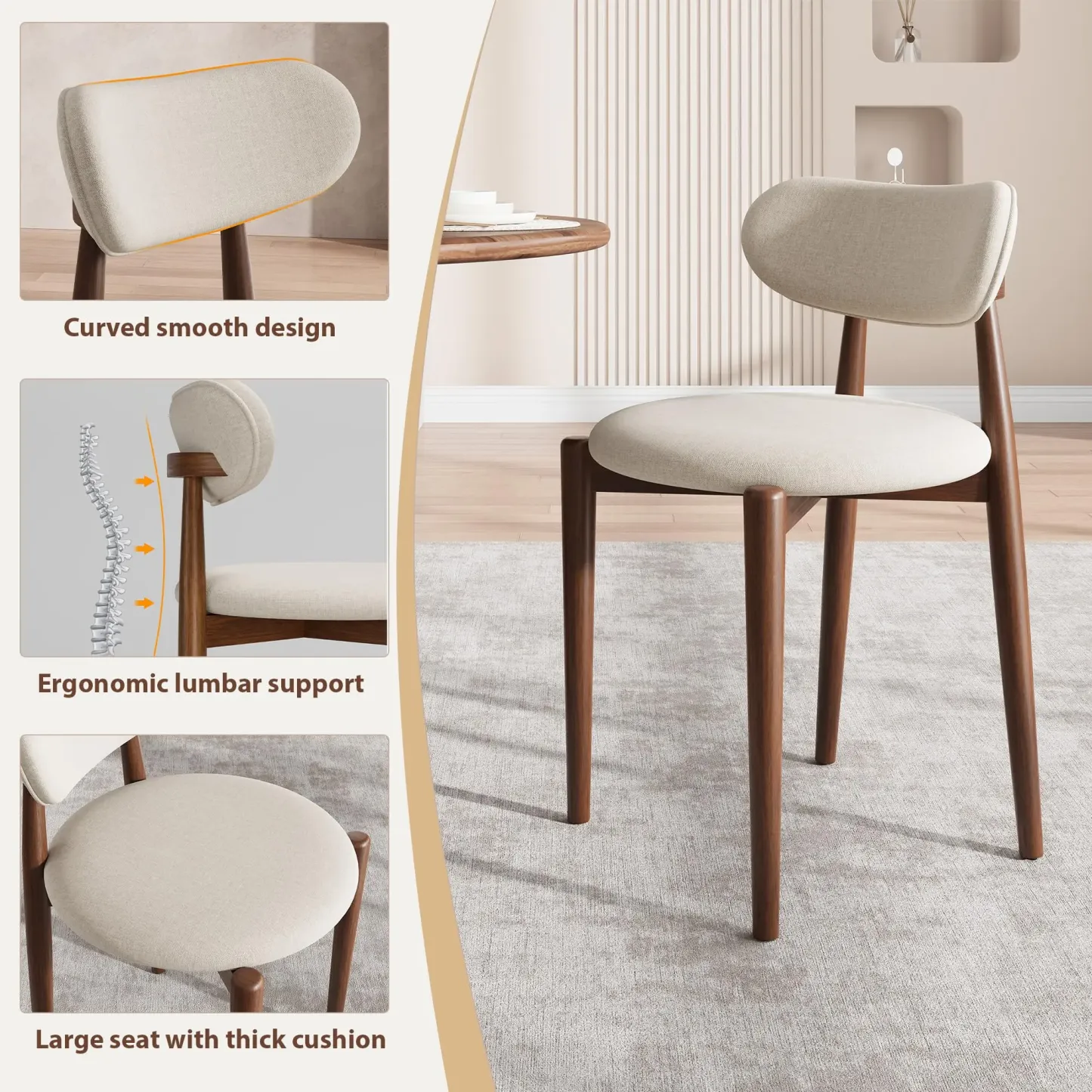 Juego de 2 sillas de comedor modernas de madera – Asientos tapizados en color blanco crema – Patas de madera resistentes – Estilo rústico (farmhouse) para comedor o tocador – Acabado clásico en blanco crema y nogal