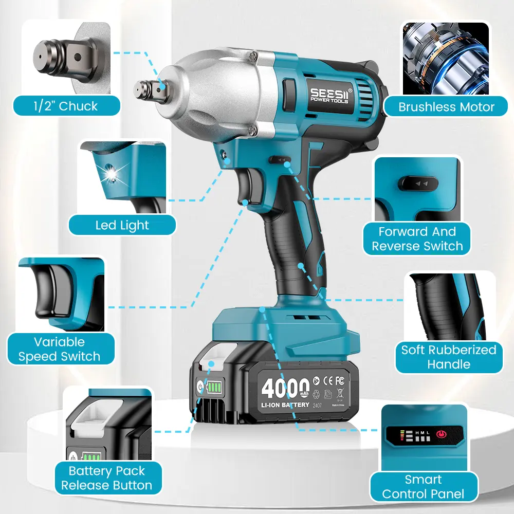 Llave de Impacto Inalámbrica 1/2" de 1200 N·m, Batería de 4.0 Ah, 3300 RPM, con 6 Dados, Atornillador de Impacto Eléctrico para Automóviles, Taller y Uso Doméstico