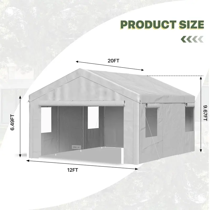 Cochera portátil resistente (opciones de 10x20, 12x20 o 20x20 pies) con ventanas enrollables y paredes laterales y puertas desmontables; refugio impermeable para automóviles, camionetas, SUV y embarcaciones (color gris).