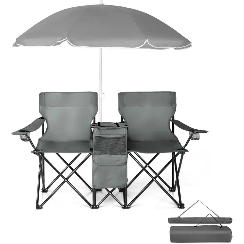 Silla Doble Plegable para Camping con Sombrilla, Portavasos, Nevera y Mesa Auxiliar, Resistente y Portátil para Playa, Patio, Piscina y Exterior (Azul)
