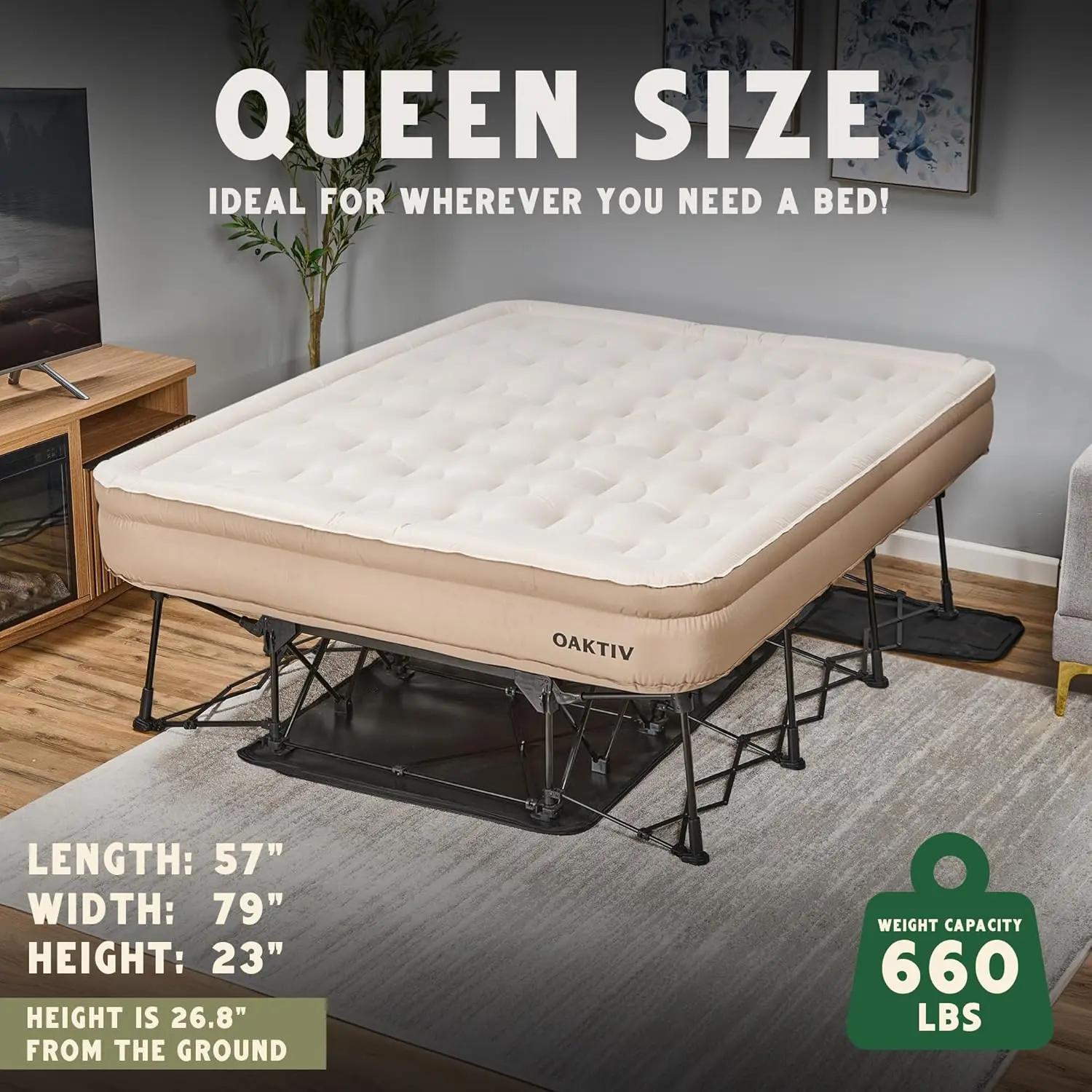 Colchón inflable tamaño Queen: capacidad de 660 libras, garantía de 5 años, autoinflable en 3-4 minutos, bomba a batería y estructura integradas, estuche con ruedas; la solución definitiva para habitaciones de invitados y acampadas.