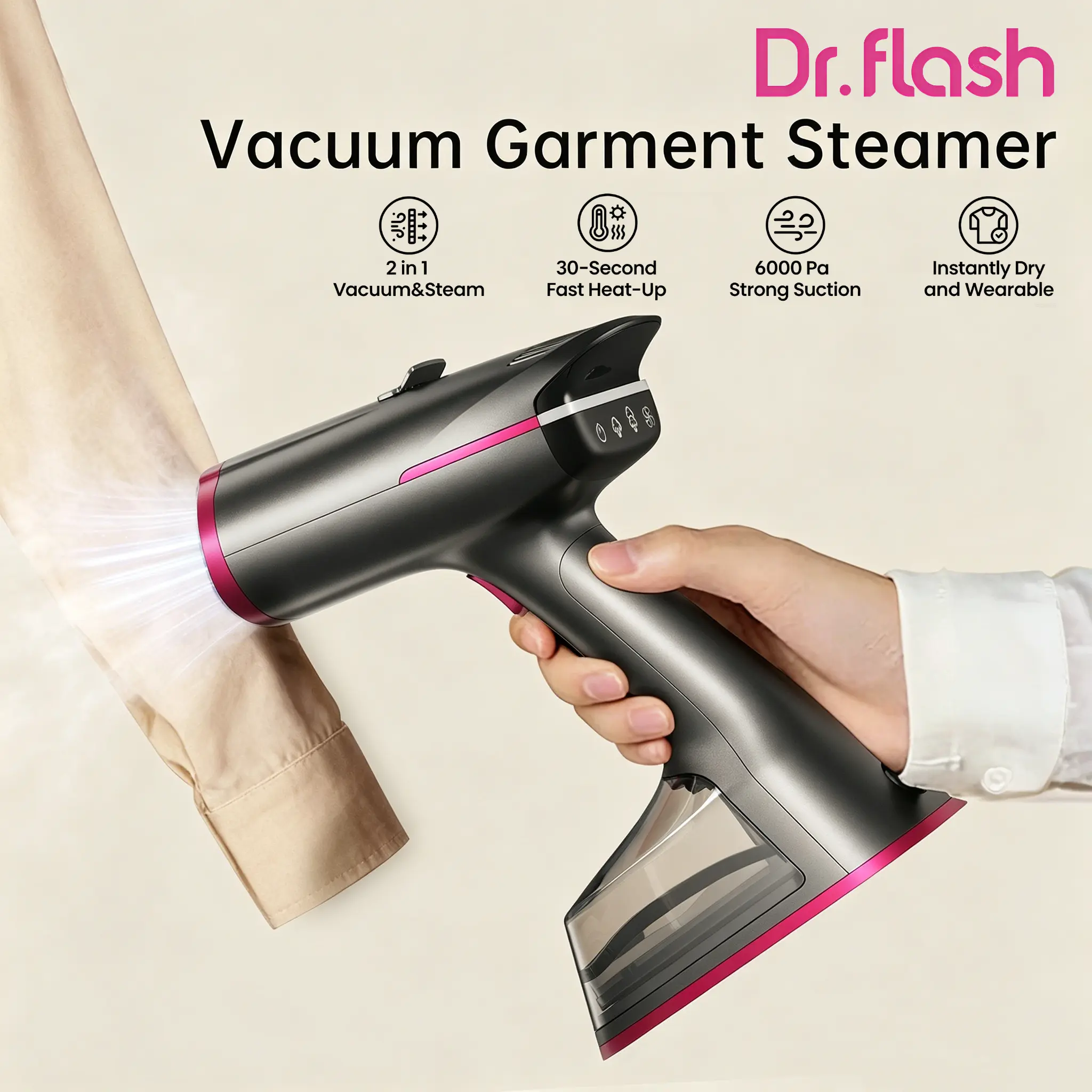 Vaporizador de prendas con succión, gran capacidad de 270 ml, vaporizador de mano de 1400 W, dispositivo 2 en 1 de succión y planchado, plancha de viaje portátil para ropa y tejidos, amplia placa calefactora de cerámica.