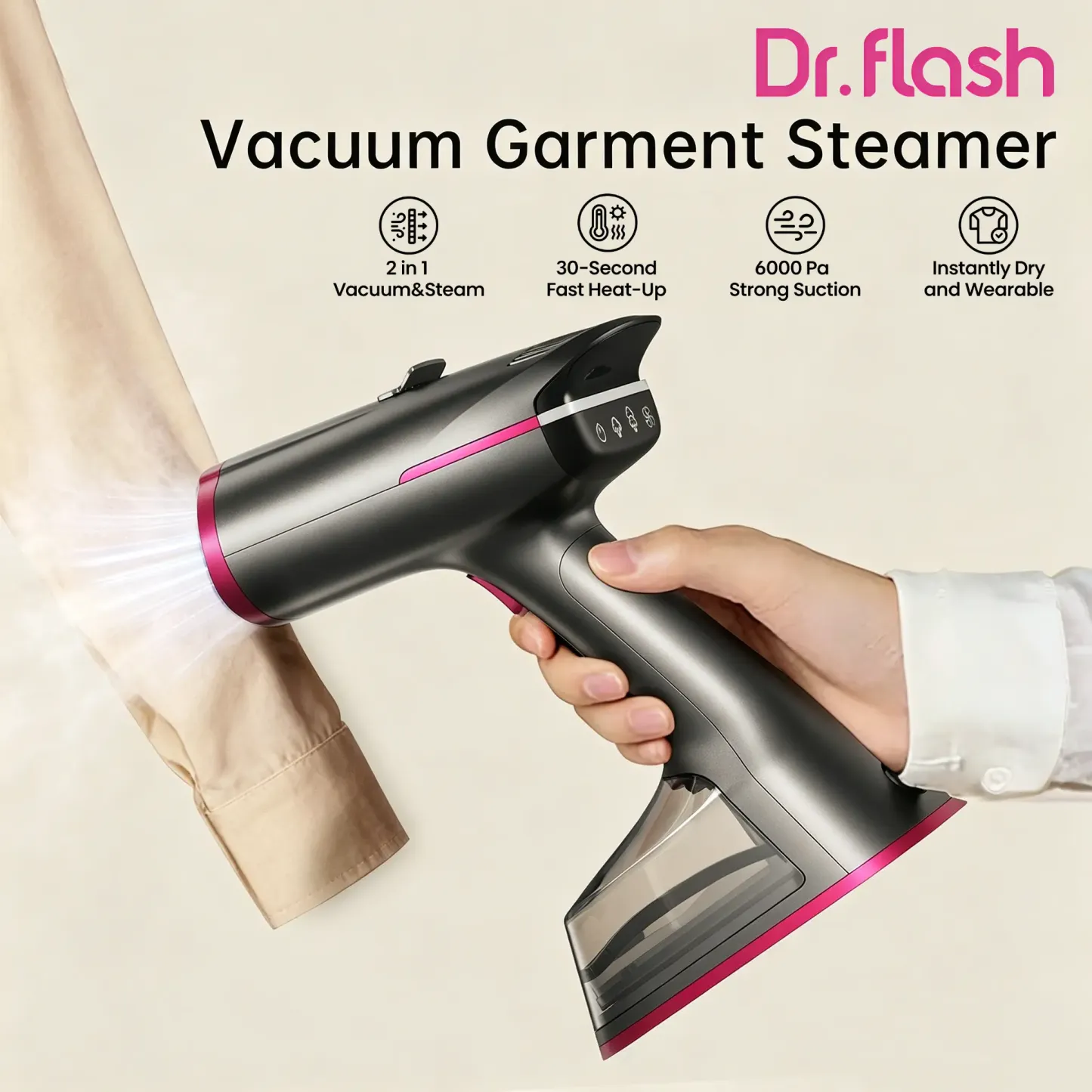 Vaporizador de prendas con succión, gran capacidad de 270 ml, vaporizador de mano de 1400 W, dispositivo 2 en 1 de succión y planchado, plancha de viaje portátil para ropa y tejidos, amplia placa calefactora de cerámica.