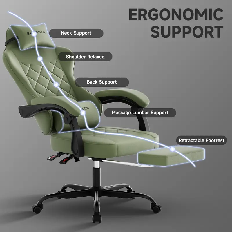 Silla Gaming Ergonómica Reclinable con Reposapiés, Cuero Transpirable, Soporte para Espalda, Asiento Amplio Acolchado, Capacidad de 300 lb, Ideal para Oficina, Gaming y Streaming