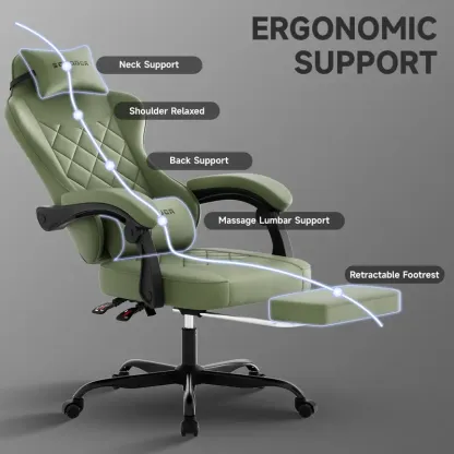 Silla Gaming Ergonómica Reclinable con Reposapiés, Cuero Transpirable, Soporte para Espalda, Asiento Amplio Acolchado, Capacidad de 300 lb, Ideal para Oficina, Gaming y Streaming