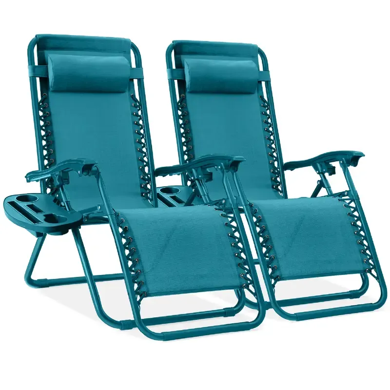 Set de 2 Sillas de Gravedad Cero Plegables con Bandeja Portavasos, Reclinables para Patio, Jardín y Piscina