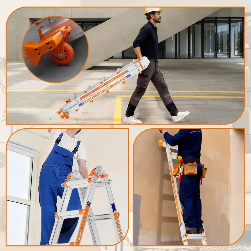 Escalera extensible multiposición, escalera de tijera tipo A con barra estabilizadora y ruedas; capacidad de carga segura de 330 lb; segura para escaleras, el hogar, interiores, exteriores y trabajos en techos.