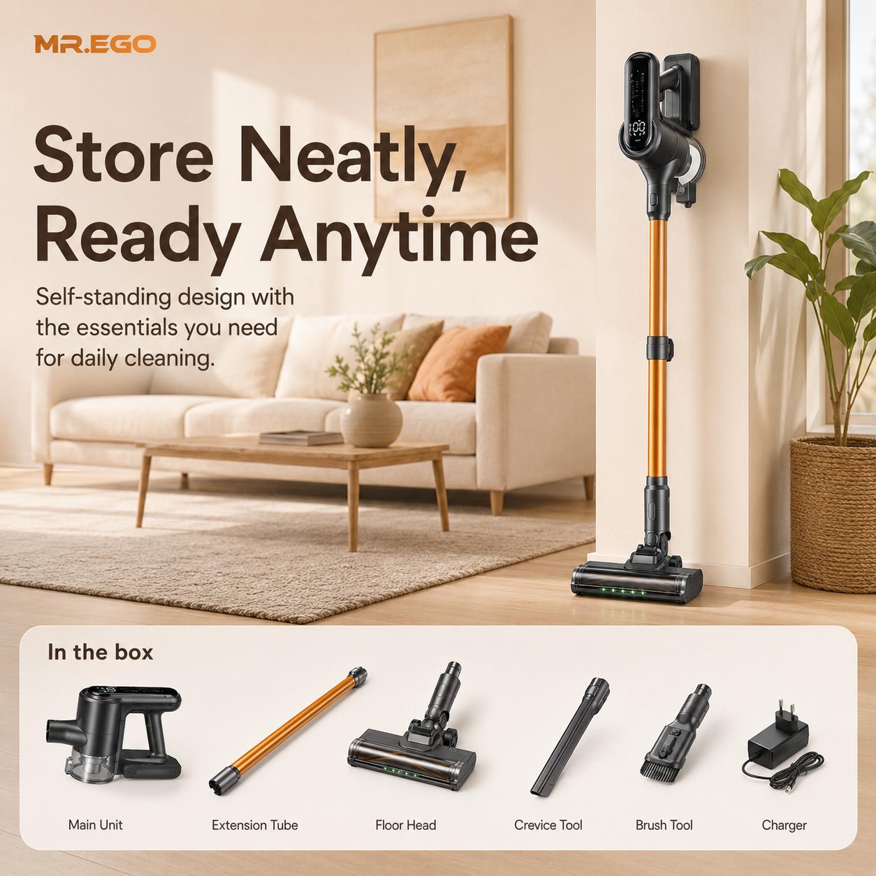 MR.EGO Cordless Vacuum Cleaner, Stick Vacuum Cordless Rechargeable with Powerful Suction for Home, 50 Min Run, Anti-Tangle and Self-Stand, 6 in 1 Lightweight Vacuum for Hard Floors Carpet Pet Hair,dorm essentials,home essentials