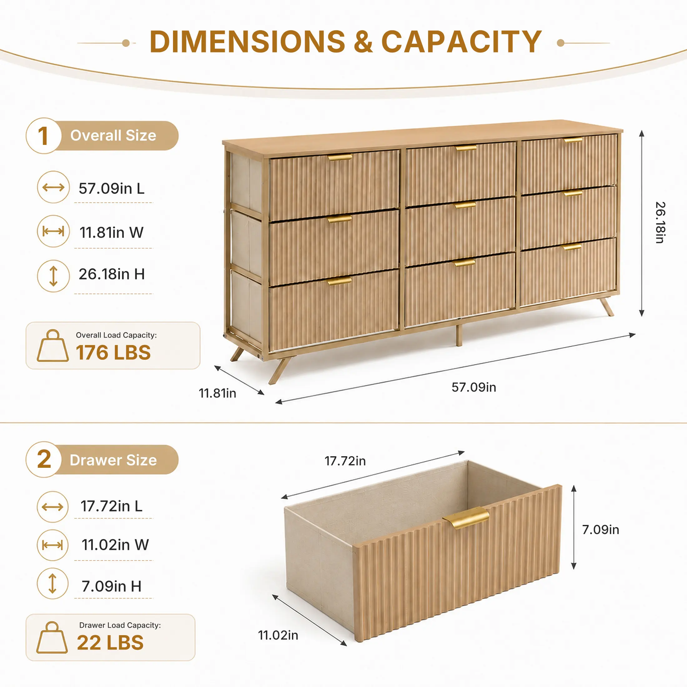 Cómoda de 9 Cajones de Tela, Aparador de Madera de 57", Mueble TV Moderno para 35/45/55", Gran Capacidad de Almacenamiento con Base Reforzada