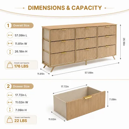 Cómoda de 9 Cajones de Tela, Aparador de Madera de 57", Mueble TV Moderno para 35/45/55", Gran Capacidad de Almacenamiento con Base Reforzada