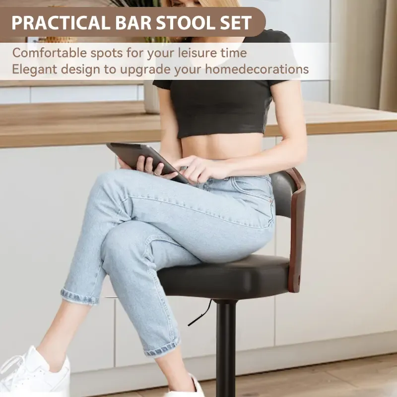 Juego de 1 o 2 taburetes de bar giratorios con altura ajustable (24,5-33,5 pulgadas); taburetes de madera tapizados en piel sintética, con respaldo y reposapiés, ideales para bar, cocina o comedor.