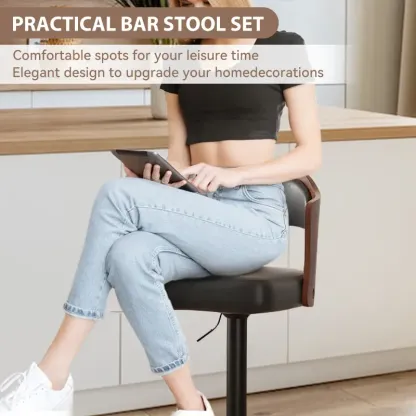 Juego de 1 o 2 taburetes de bar giratorios con altura ajustable (24,5-33,5 pulgadas); taburetes de madera tapizados en piel sintética, con respaldo y reposapiés, ideales para bar, cocina o comedor.