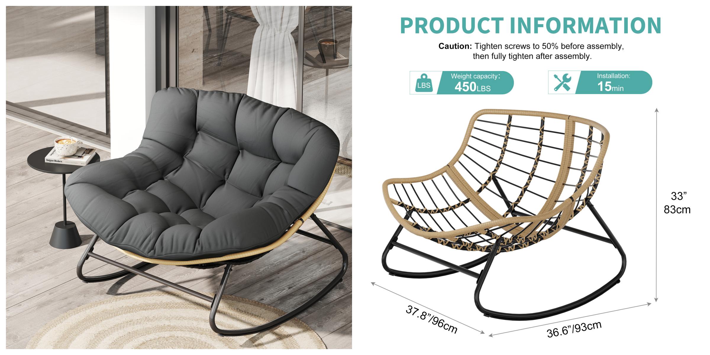 RIWENGO Oversized Outdoor Rocking Chair with Thick Cushion,Maximum 450lbs Capacity, Indoor Egg Rocking Chair with Adjustable Backrest for Backyard, Balcony, Living Room