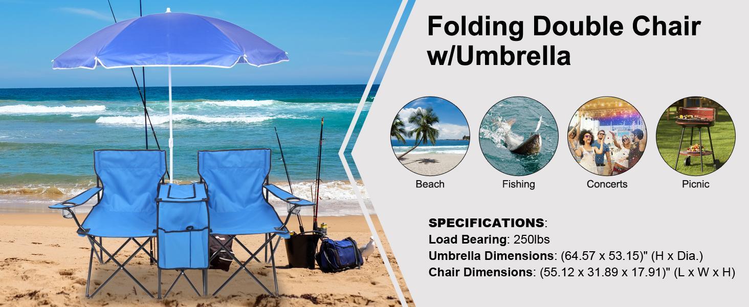 Outvita Folding Double Camping Chair w/Umbrella Beverage Holder Carrying Bag Cooler Fold Up Table, Large Bearing Capacity for Beach Patio Pool Park Outdoor Blue Summervibes