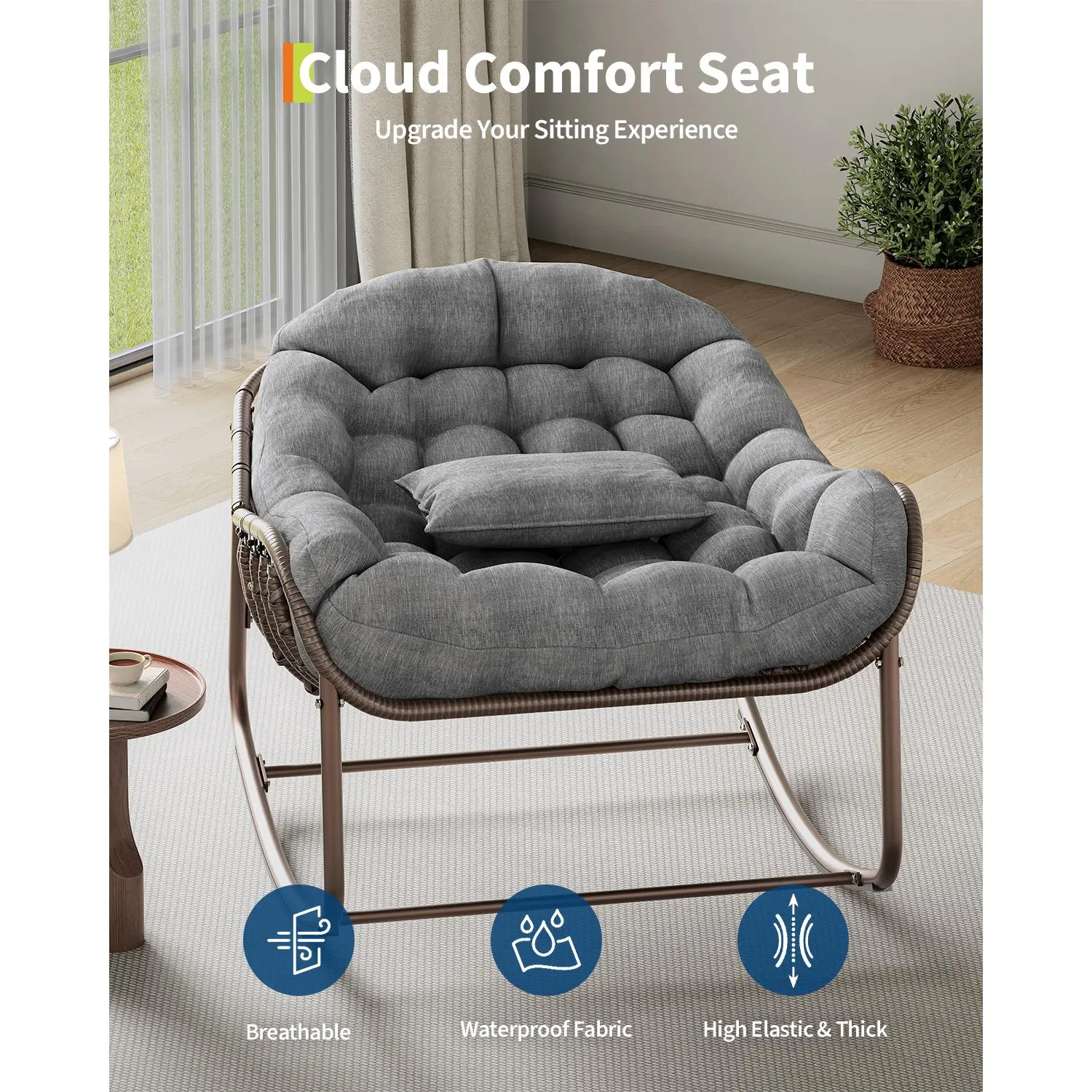 Silla Mecedora Tipo Huevo Papasan XL para Exterior, de Ratán Sintético, con Cojín Grueso Impermeable, Estructura Metálica Reforzada, Ideal para Balcón, Patio, Porche y Sala, Soporta hasta 450 lb