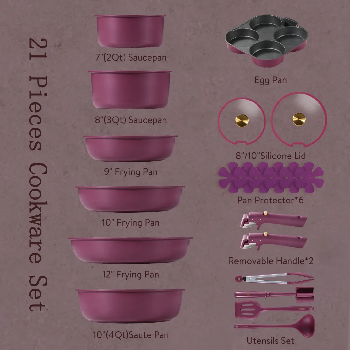 Juego de utensilios de cocina antiadherentes de 21 piezas con mangos desmontables, compatible con inducción, apto para lavavajillas, ideal para autocaravanas, en elegantes tonos dorado y morado.