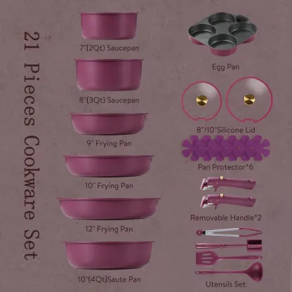 Juego de utensilios de cocina antiadherentes de 21 piezas con mangos desmontables, compatible con inducción, apto para lavavajillas, ideal para autocaravanas, en elegantes tonos dorado y morado.