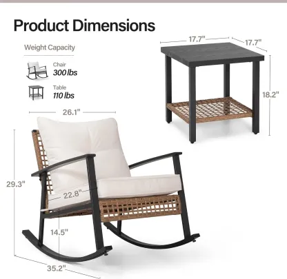 Set de 3 Muebles de Jardín Tipo Mecedora con Cojines Gruesos y Mesa de Café de 2 Niveles, Conjunto de Ratán para Exterior, Ideal para Patio, Jardín y Balcón (Beige)