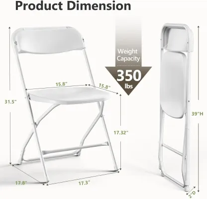 Sillas Plegables de Plástico Reforzado, Respaldo Ergonómico, Capacidad de 350 lb (159 kg), Apilables y Portátiles, Ideales para Interiores, Terrazas, Bodas, Fiestas, Reuniones, Patios y Jardines, Color Blanco.